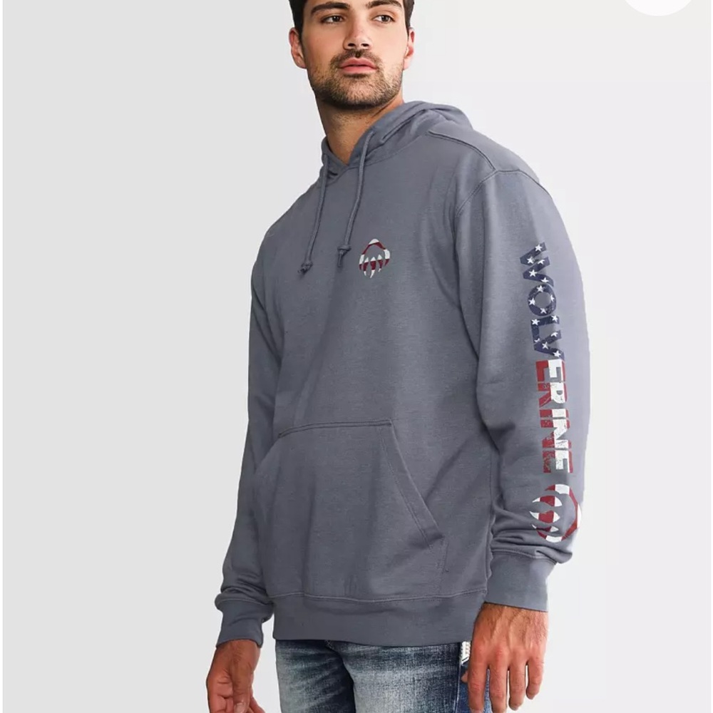 Wolverine Gray Men's Hoodie with distressed, flag graphic 🇺🇸 - Size L